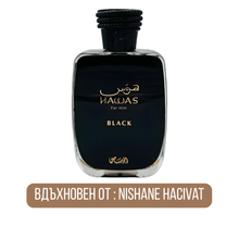 Мъжки парфюм Rasasi Hawas Black EDP с тъмни и носни нотки, изображение на флакон с ароматна парфюмна вода.