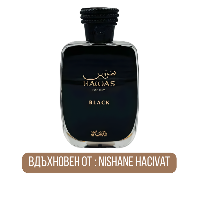 Мъжки парфюм Rasasi Hawas Black EDP с тъмни и носни нотки, изображение на флакон с ароматна парфюмна вода.
