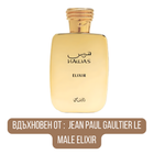 Мъжки парфюмен воден Rasasi Hawas Elixir EDP с флорални и дървесни нотки, изображение на бутилката и нотите.