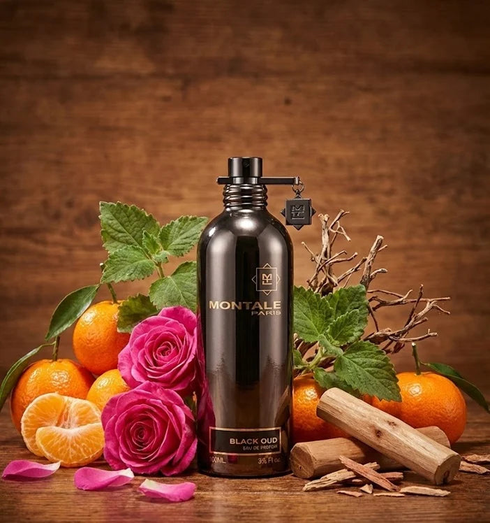 Парфюмна вода за мъже Montale Black Aoud EDP, 100 мл, с тъмни цветни и дървесни нотки, изобразена на бутилката.