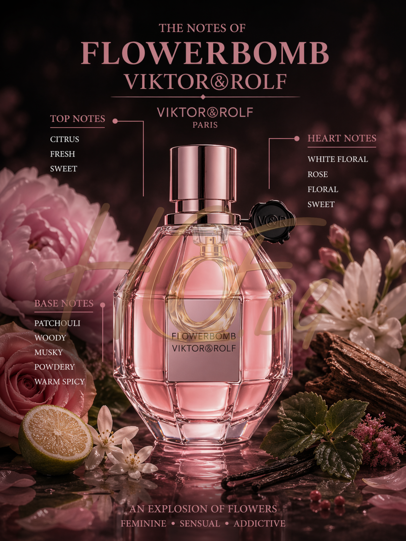 Виктор и Ролф Flowerbomb EDP парфюмна вода за жени, бутилка с цветен дизайн и елегантна опаковка.
