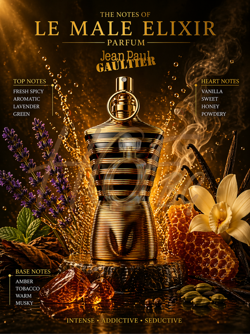 Парфюм за мъже Jean Paul Gaultier Le Male Elixir, бутилка с елегантен дизайн и ароматна есенция.