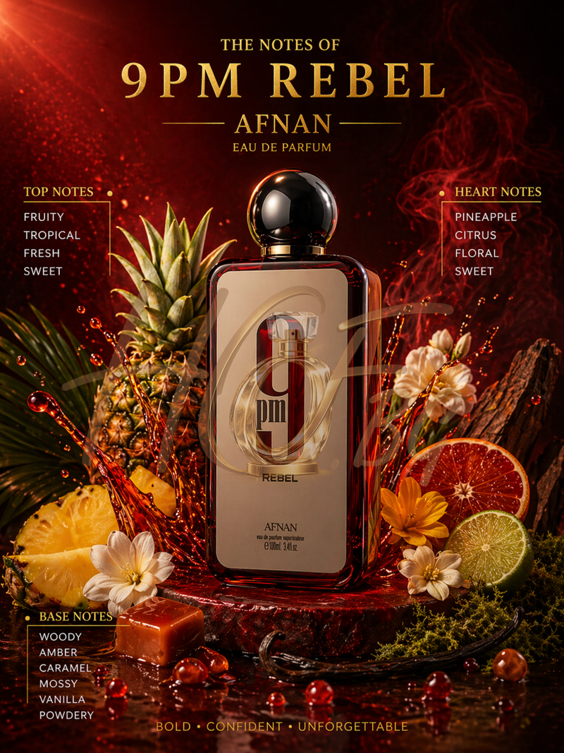 Парфюмна вода Afnan 9 PM Rebel EDP за мъже и жени, елегантна и модерна UNISEX парфюмна вода, изображение на опаковката