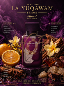 Расаси Ла Юкаум Фем ЕДП парфюмна вода за жени с флорални и дървесни нотки, бутилка с елегантен дизайн