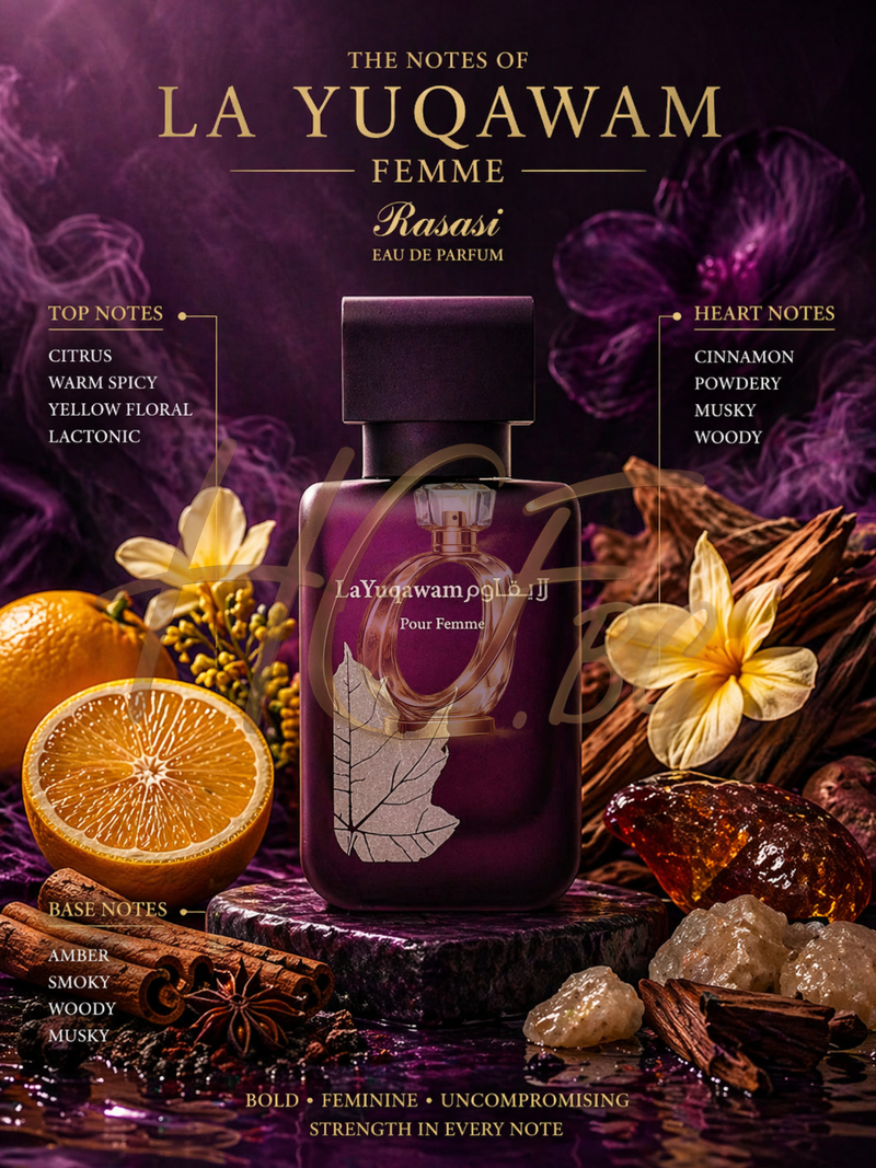 Расаси Ла Юкаум Фем ЕДП парфюмна вода за жени с флорални и дървесни нотки, бутилка с елегантен дизайн