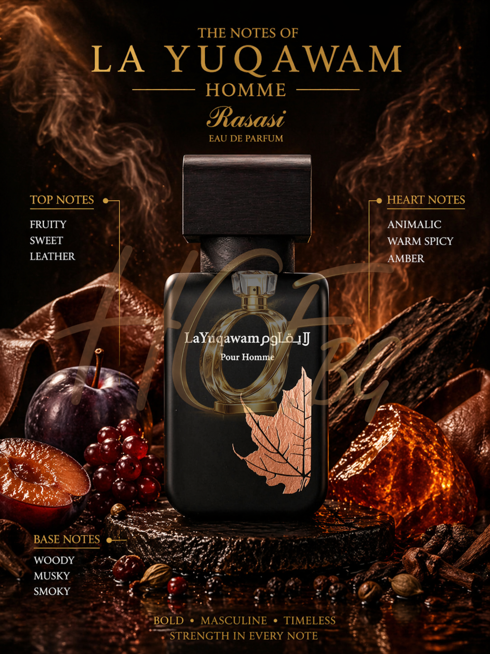 Дамски парфюм Rasasi La Yuqawam Homme EDP, елегантна парфюмна вода за мъже, изображение на опаковката и бутилката