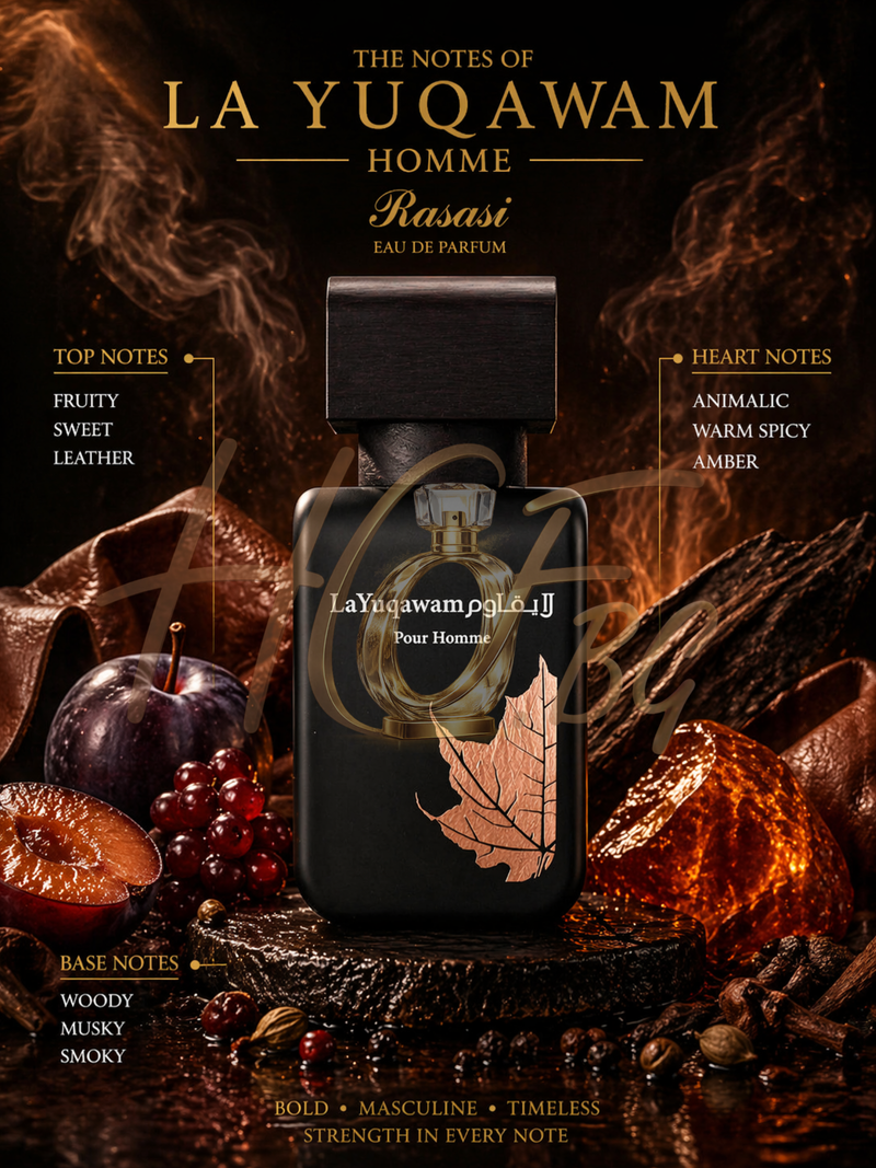 Дамски парфюм Rasasi La Yuqawam Homme EDP, елегантна парфюмна вода за мъже, изображение на опаковката и бутилката