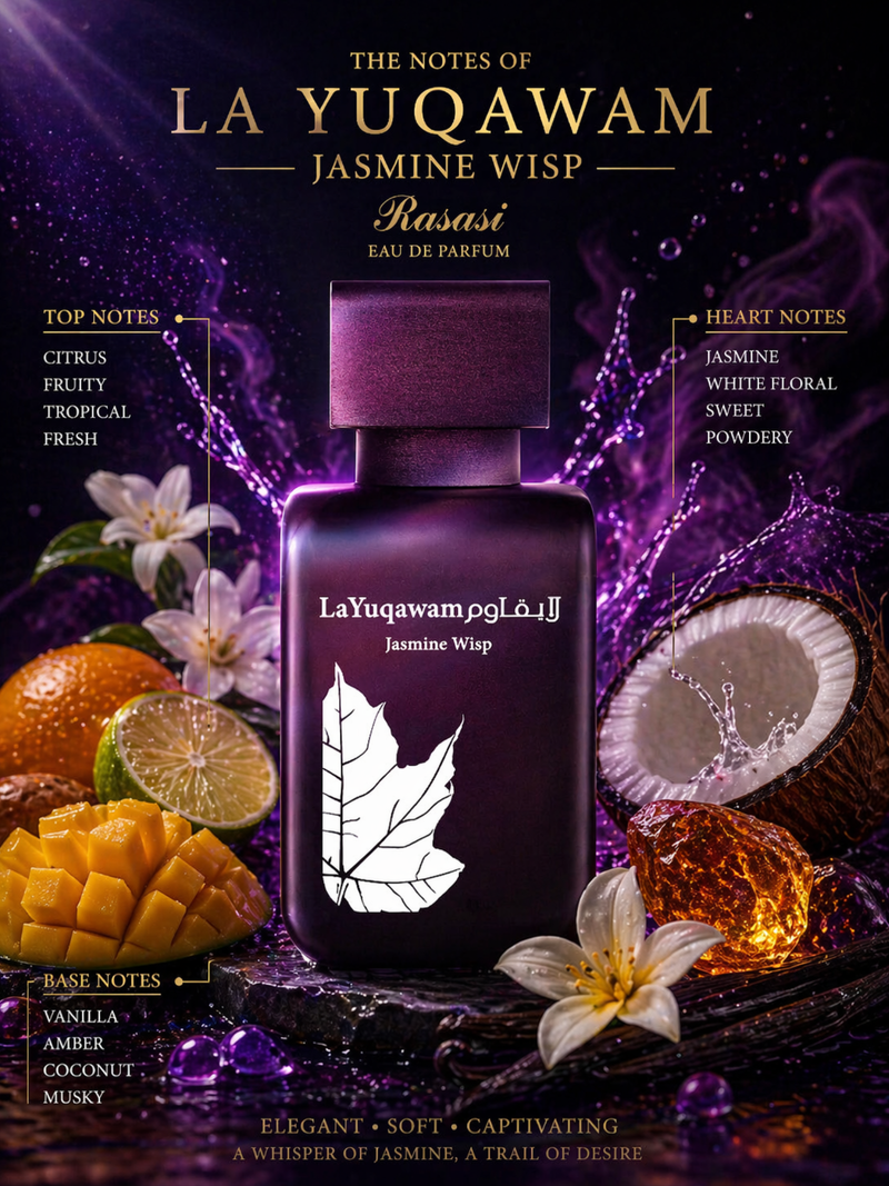 Росло парфюмна вода Rasasi La Yuqawam Jasmine Wisp EDP за жени, бутилка с деликатен дизайн и аромат с жасминови нотки