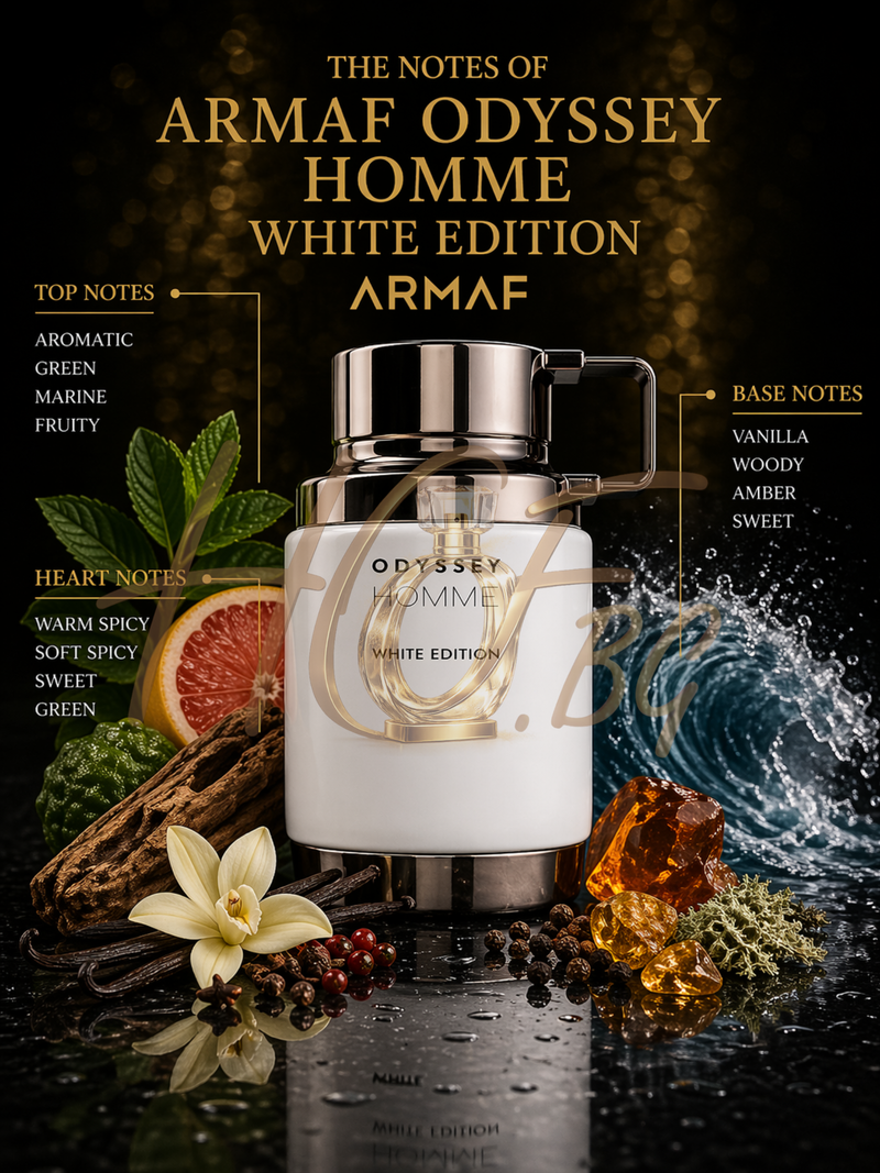 Мъжки парфюм Armaf Odyssey Homme White Edition EDP, ароматна парфюмна вода с елегантен дизайн на бутилка.