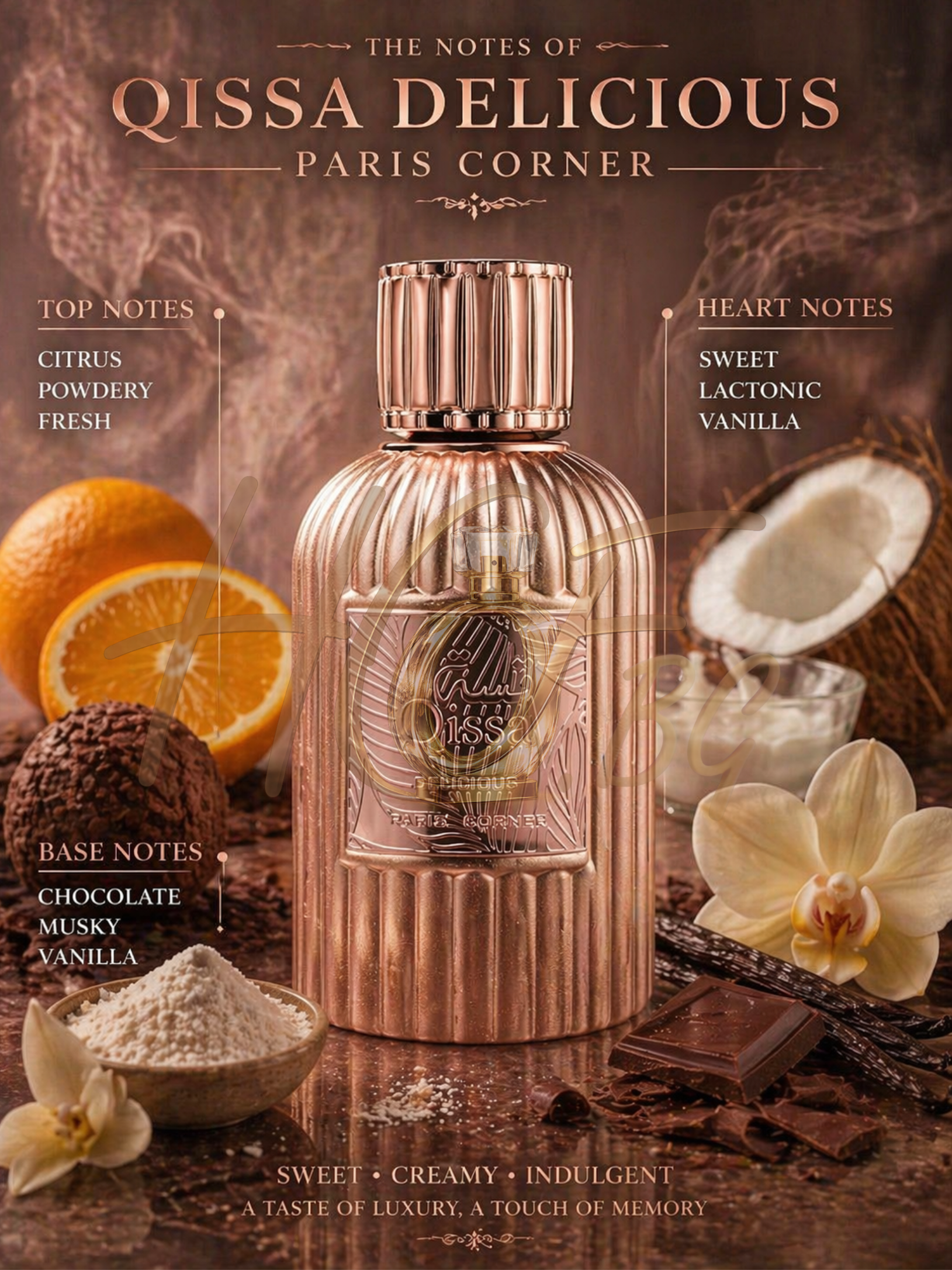 Парфюмна вода за жени Paris Corner Qissa Delicious EDP, бутилка с елегантен дизайн и ароматни нотки.
