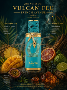 Френски Avenue Vulcan Feu EDP парфюмна вода унисекс, бутилка с елегантен дизайн и аромат на дърво и подправки