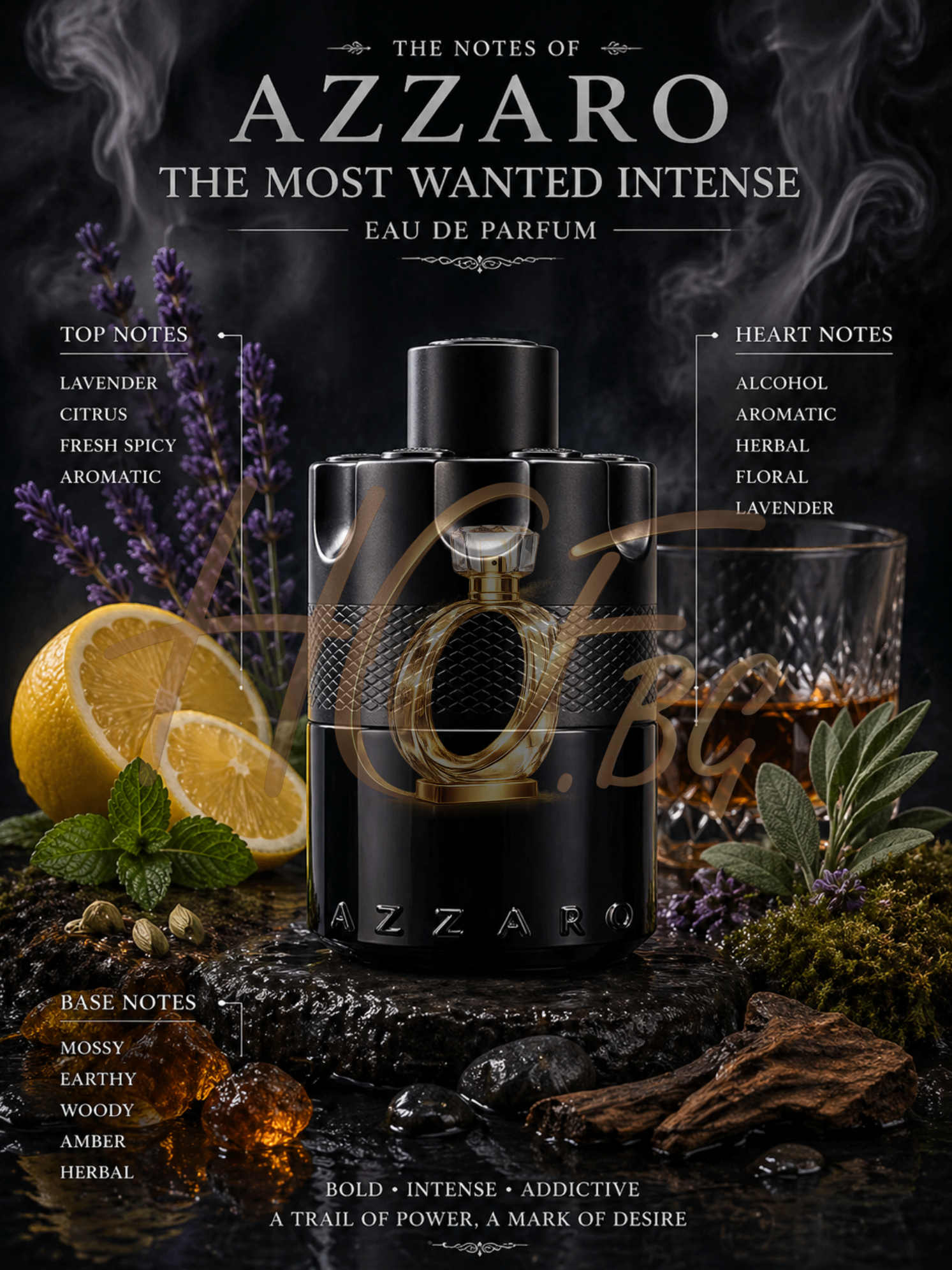 Azzaro The Most Wanted Intense EDP парфюмна вода за мъже, бутилка с тъмносин и златист дизайн, изображение на ароматния парфюм.