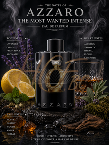 Azzaro The Most Wanted Intense EDP парфюмна вода за мъже, бутилка с тъмносин и златист дизайн, изображение на ароматния парфюм.