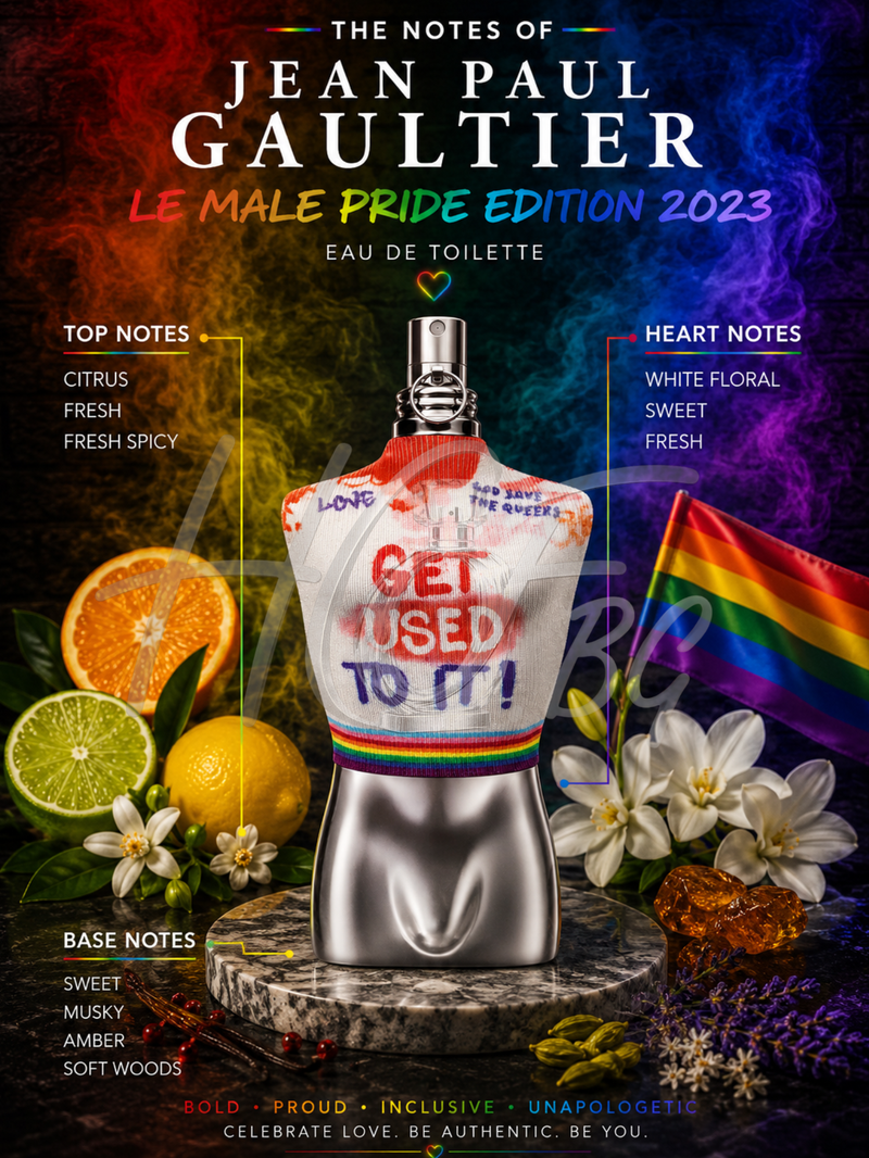 Мъжка тоалетна вода Jean Paul Gaultier Le Male Pride Edition, парфюм за мъже, с флакон и дизайн от изображението.