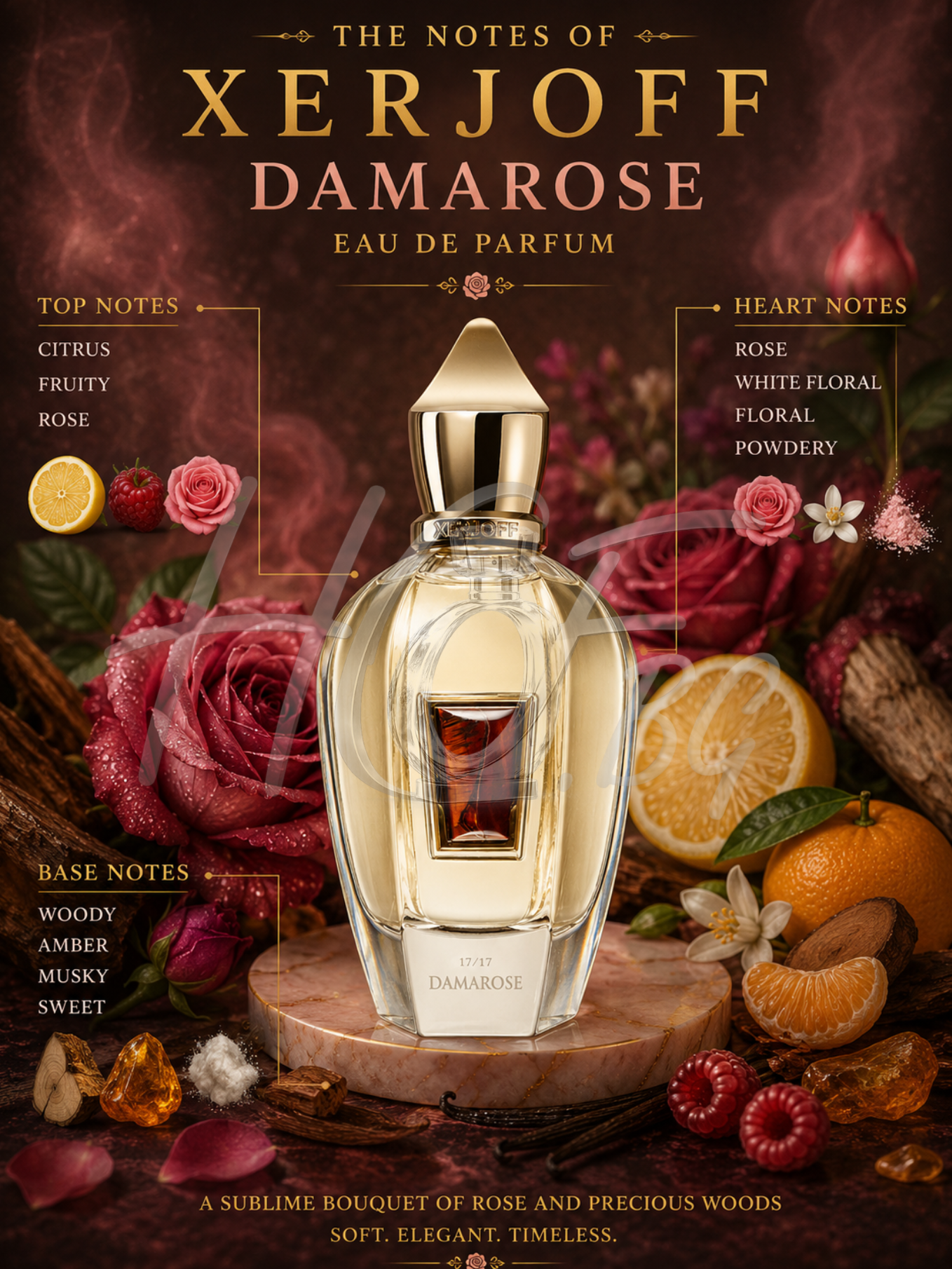 Елегантен парфюм за жени Xerjoff Damarose Parfum с флорални и ароматни нотки, изобразен в изображението.