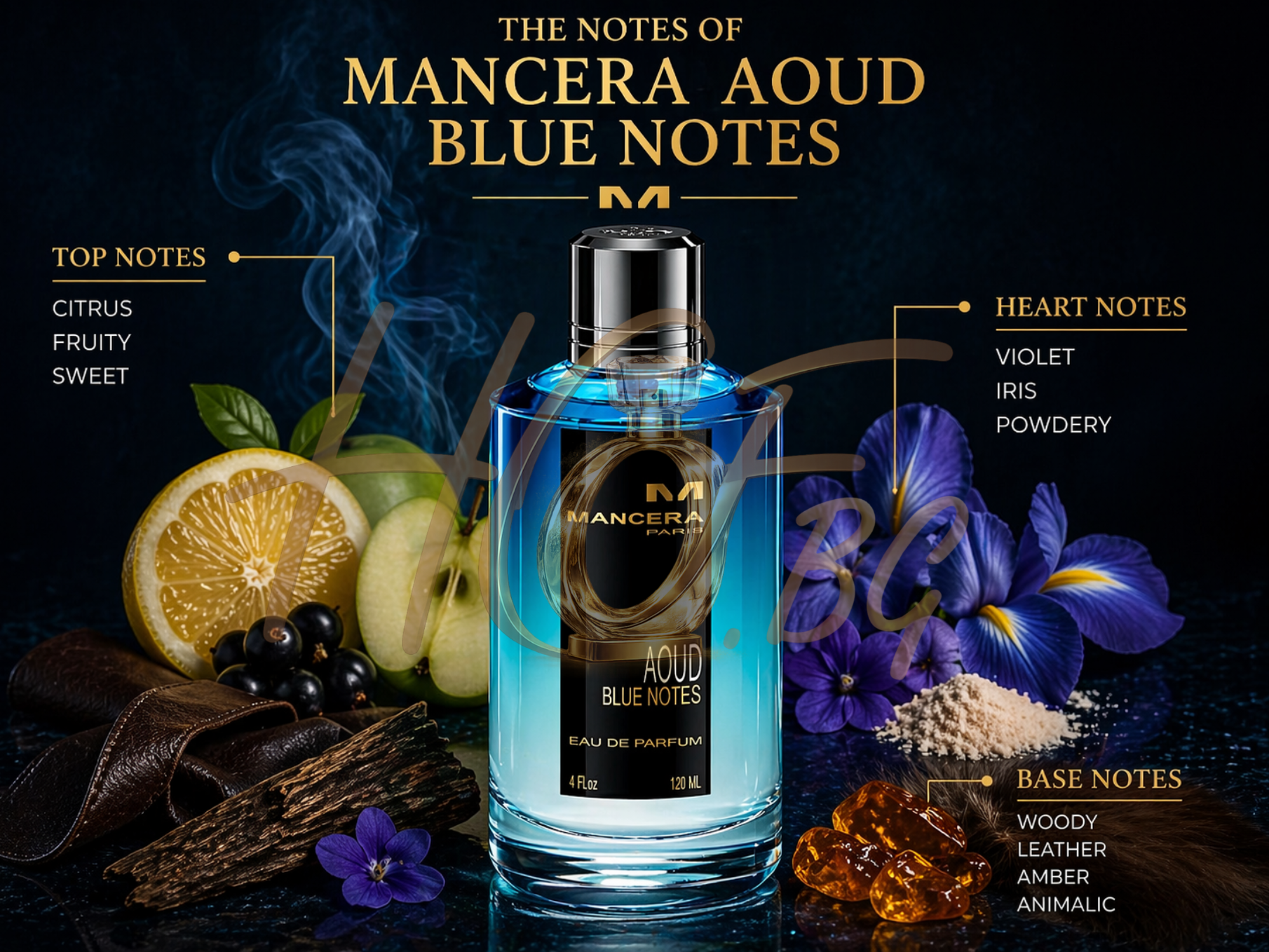 Мужко и женско парфюмна вода Mancera Aoud Blue Notes EDP TESTER, аромат с дървесни и флорални нотки, в бутилка.