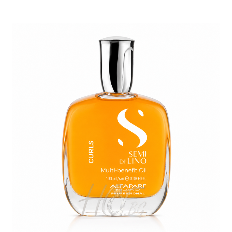 Олио за къдрава коса Alfaparf Milano Semi Di Lino Curls Multi-Benefit, леко и бляскаво за къдрици, изображение на бутилка.