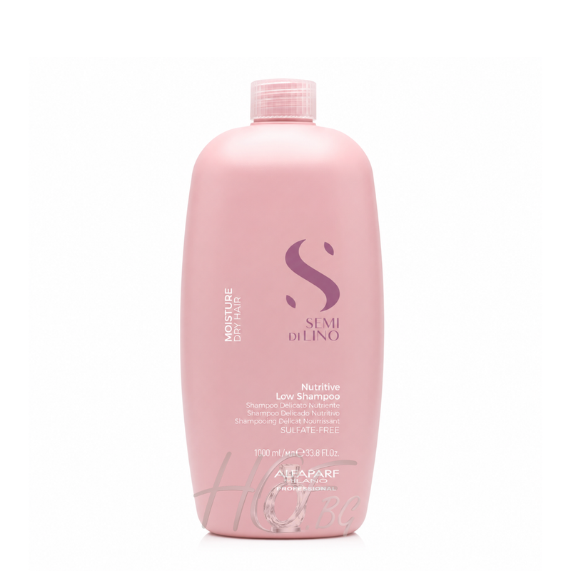 Хидратиращ шампоан Alfaparf Milano Semi Di Lino Moisture Nutritive Low Shampoo за сухи и увредени коси, видим в изображението.