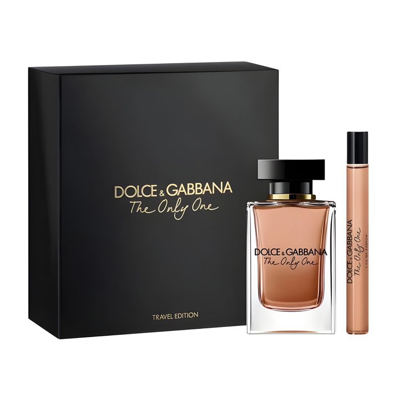 Комплект Dolce&Gabbana The Only One EDP с 100 мл и 10 мл парфюм, изящна опаковка и елегантна бутилка.