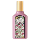 Парфюмна вода Gucci Flora Gorgeous Gardenia EDP за жени, бутилка с деликатен дизайн и цветна капачка.