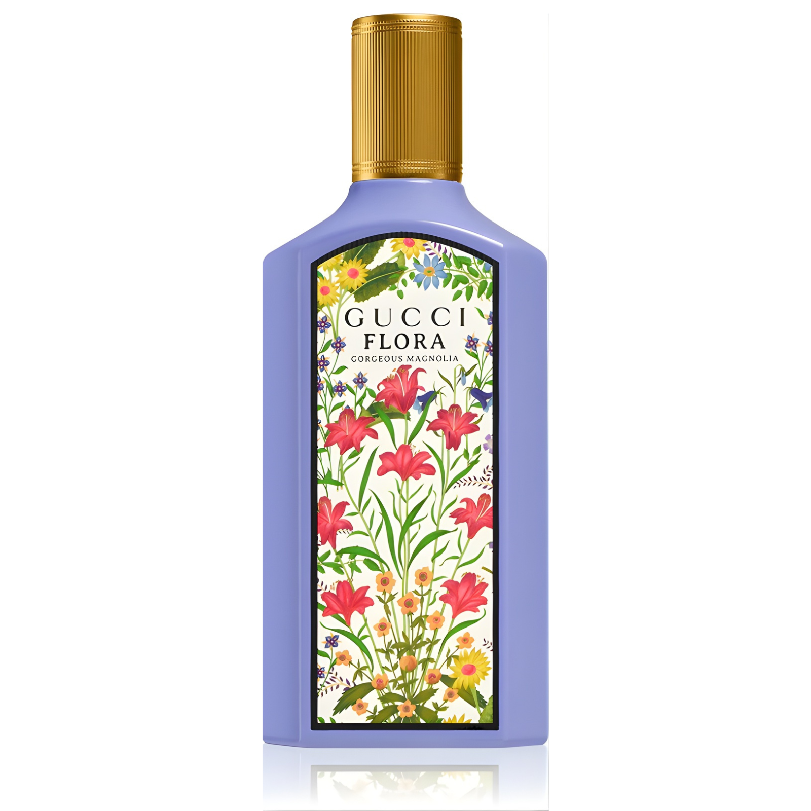 Gucci Flora Gorgeous Magnolia EDP парфюмна вода за жени, бутилка с цветен дизайн и елегантна опаковка.