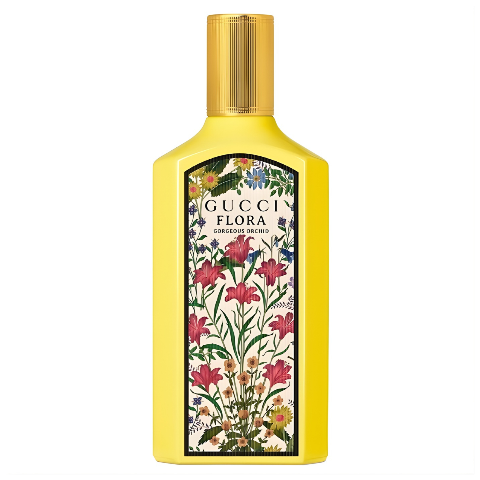 Gucci Flora Gorgeous Orchid EDP парфюмна вода за жени с изображение на бутилка с флорални мотиви и елегантен дизайн