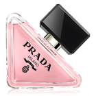 Продуктов парфюм Prada Paradoxe Virtual Flower EDP за жени, прозрачна бутилка с флорални мотиви и лого на Prada.