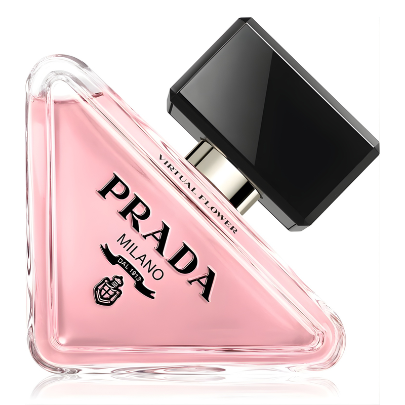 Продуктов парфюм Prada Paradoxe Virtual Flower EDP за жени, прозрачна бутилка с флорални мотиви и лого на Prada.