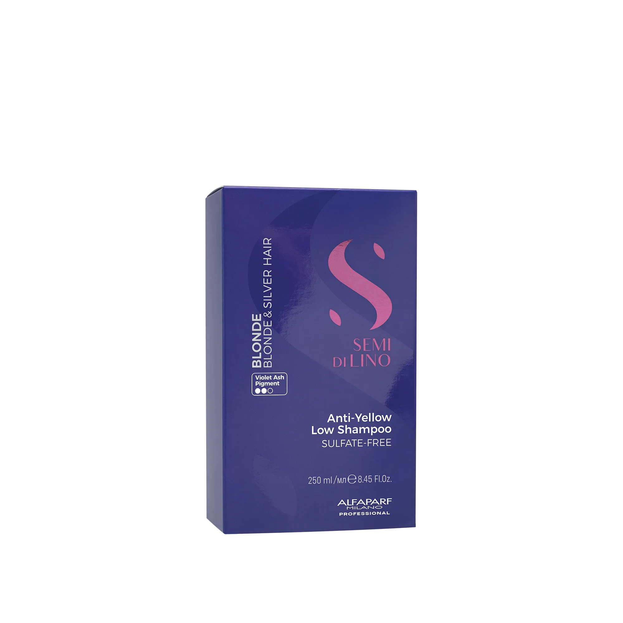 Шампоан за руса коса Alfaparf Milano Semi Di Lino Blonde Anti-Yellow Low Shampoo, бял с жълти оттенъци, за неутрализиране на жълтенина