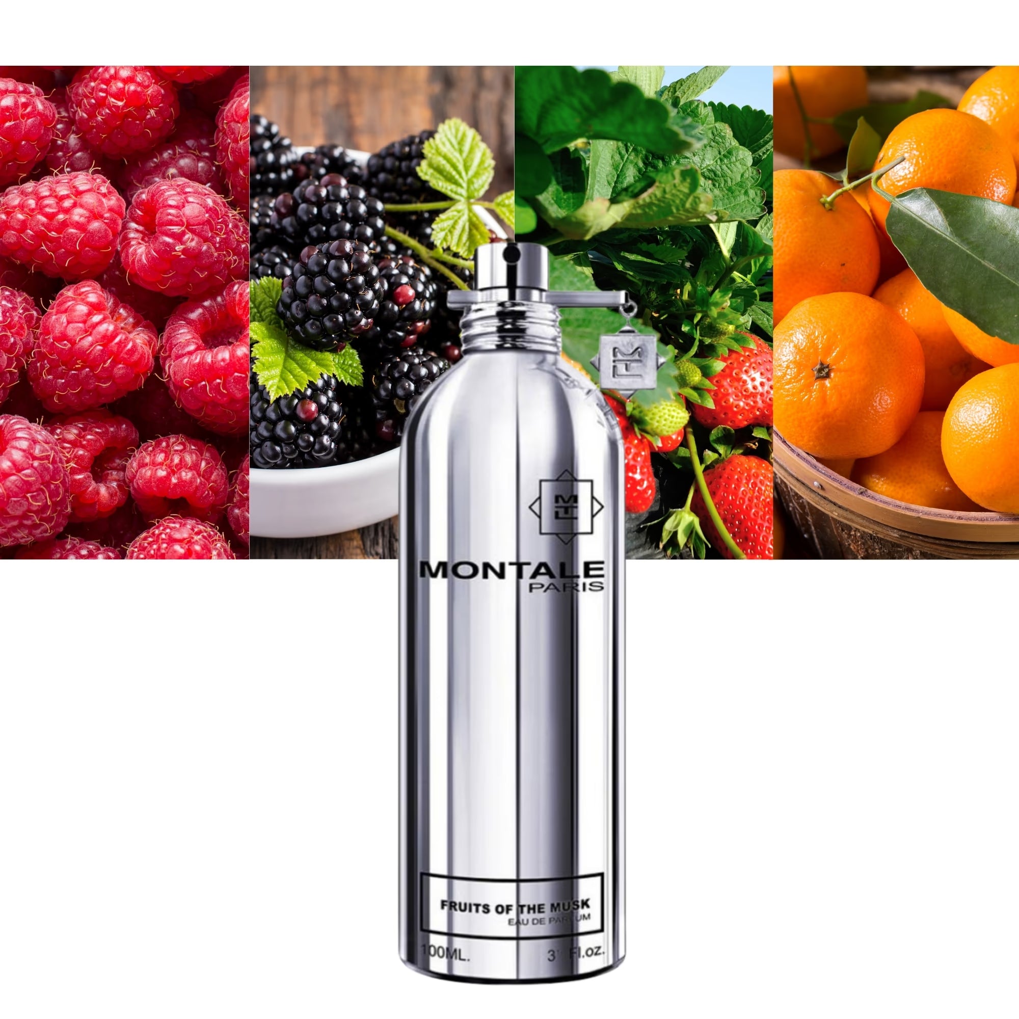 Парфюмна вода Montale Fruits of the Musk EDP за мъже и жени, бутилка със свежи плодови и мускусни нотки.