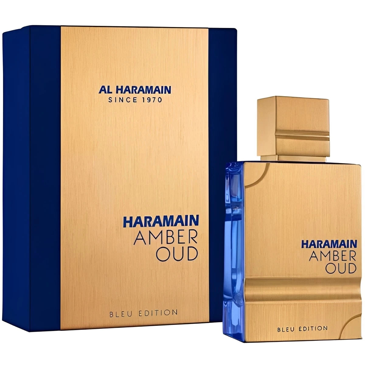 Al Haramain Amber Oud Bleu Edition EDP парфюмна вода за мъже, 60 мл, бутилка с деликатен дизайн и синя капачка.