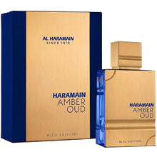 Al Haramain Amber Oud Bleu Edition EDP парфюмна вода за мъже, 60 мл, бутилка с деликатен дизайн и синя капачка.