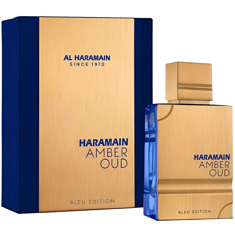 Al Haramain Amber Oud Bleu Edition EDP парфюмна вода за мъже, 60 мл, бутилка с деликатен дизайн и синя капачка.