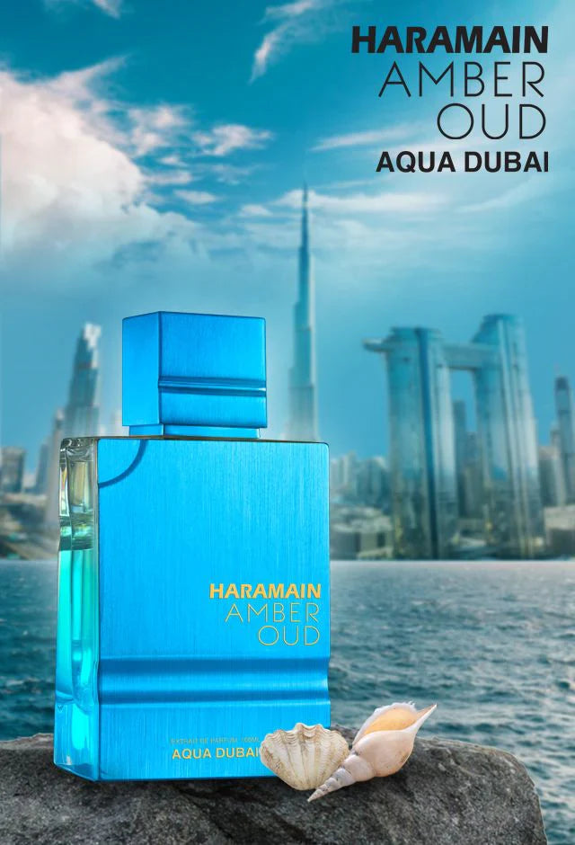 Ароматна парфюмна вода Al Haramain Amber Oud Aqua Dubai EDP за мъже и жени с фини ароматни нотки на амбър и Oud.