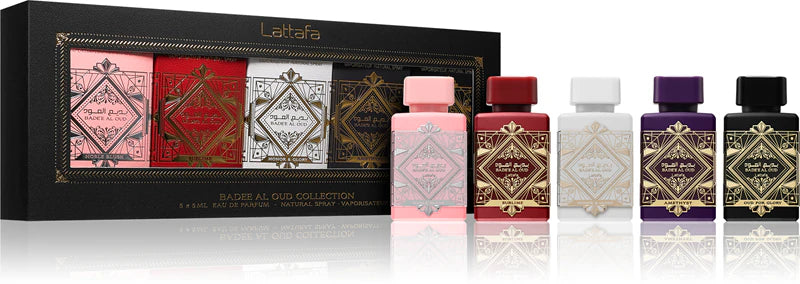 Комплект Lattafa Bade'e Al Oud с пет флакона по 5 мл, луксозни аромати за парфюмерия и стил.