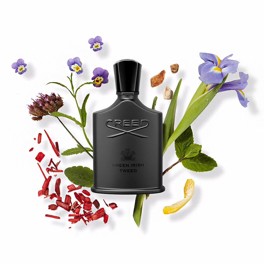 Еднопосочно изображение на Creed Green Irish Tweed EDP парфюмна вода за мъже, 100 ml, флакон със спрей и зелени нюанси.