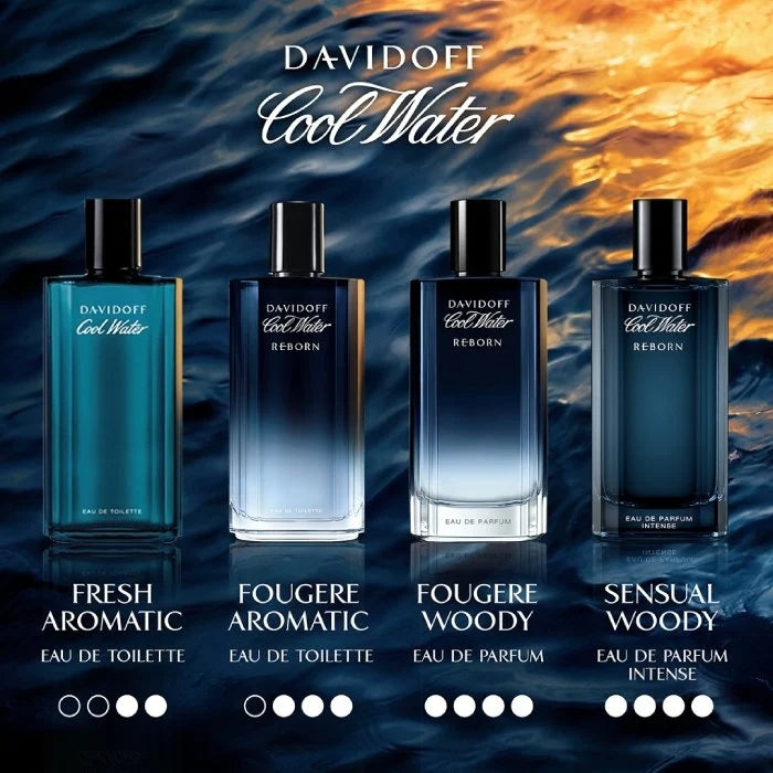 Тоалетна вода за мъже Davidoff Cool Water Reborn Intense EDT, флакон с бистра течност и синя капачка.