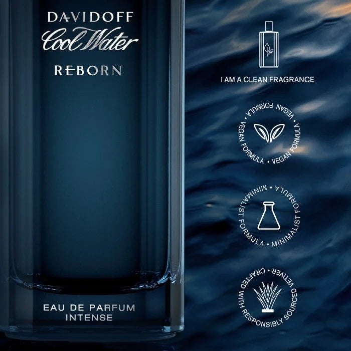 Тоалетна вода за мъже Davidoff Cool Water Reborn Intense EDT, флакон с елегантен дизайн и син цвят.