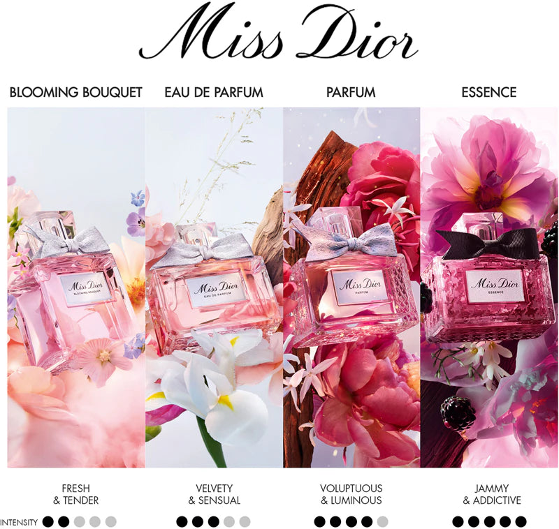 Дамски парфюм Miss Dior от DIOR, елегантна бутилка с флакон за парфюм за жени, изящен дизайн и аромат.