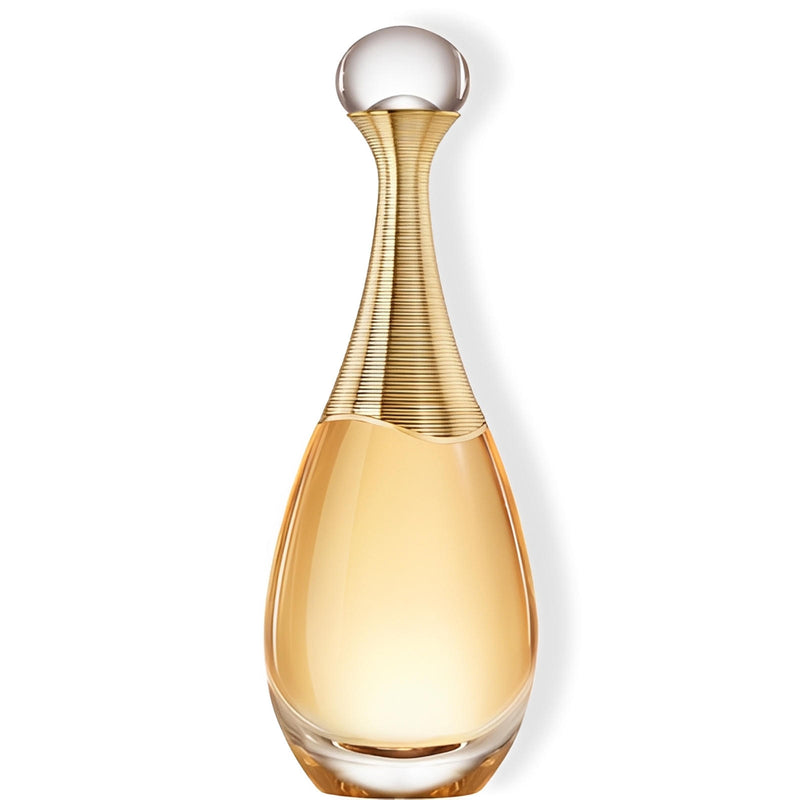 Дамски парфюм Dior J'Adore Eau De Parfum, елегантна бутилка с флакон и капачка, излъчваща луксозен аромат.