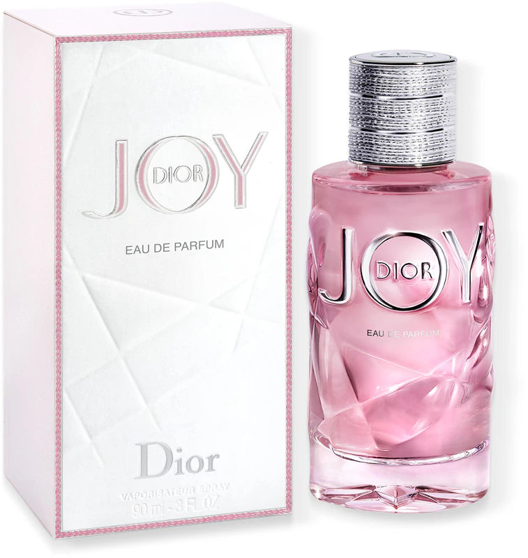 Дамски парфюм Dior Joy EDP с цветни и плодови нотки, бутилка с изчистен дизайн и логото на Dior.