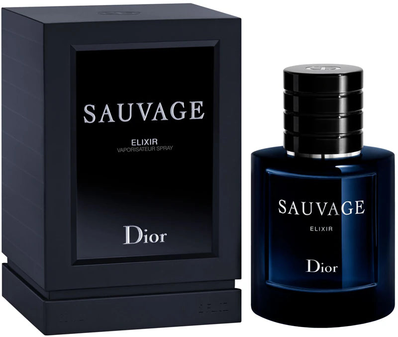 Дамски парфюм Dior Sauvage Elixir EDP с елегантна бутилка и златен капак, излъчващ луксозен аромат.