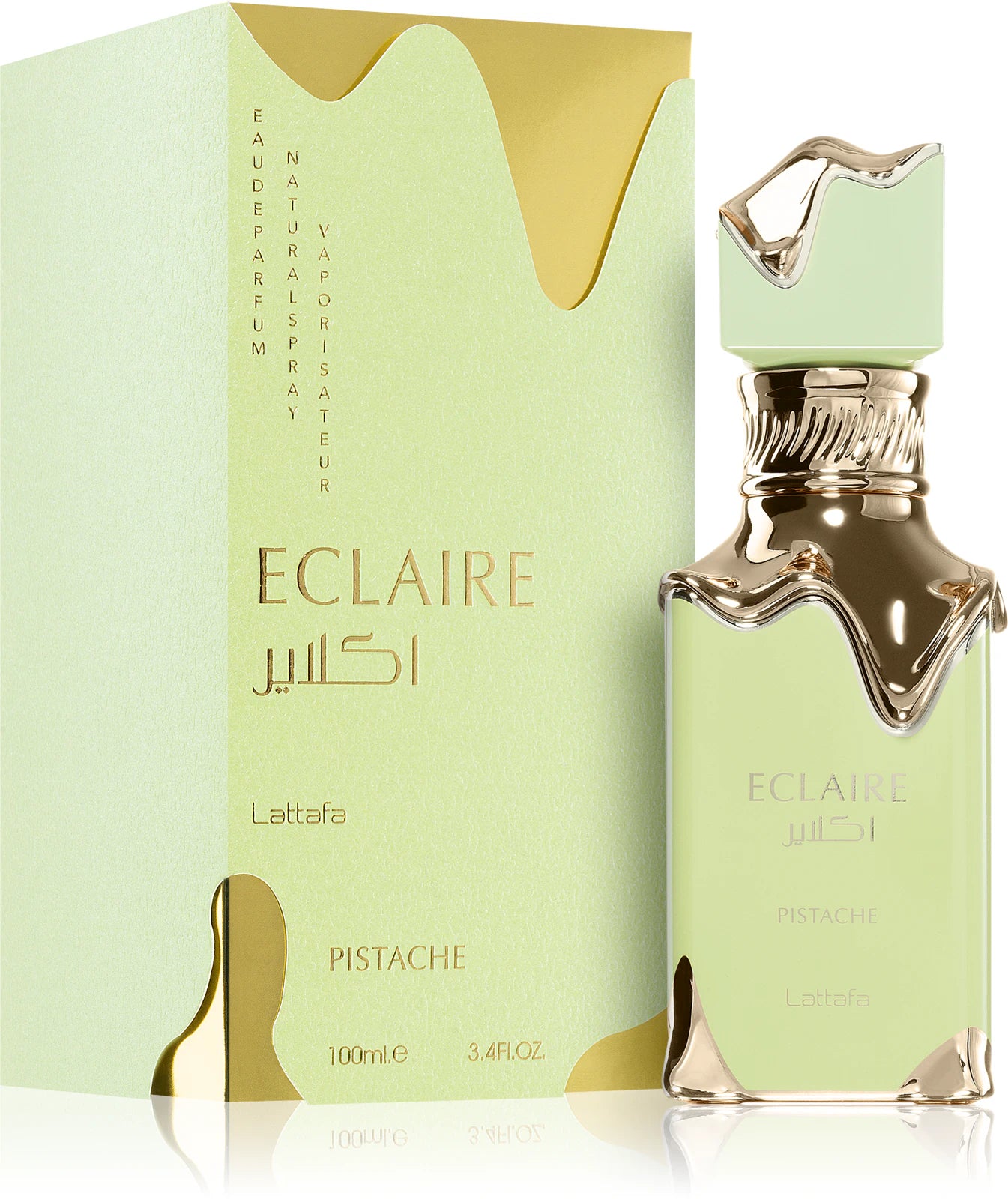 Lattafa Eclaire Pistache EDP парфюмна вода за жени с аромат на бадем и ванилия, в елегантна флакон.