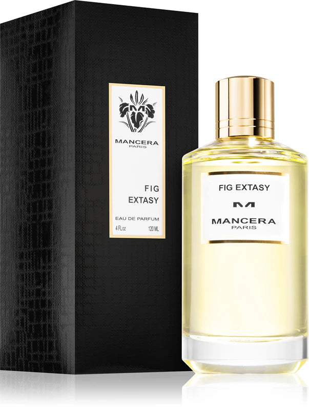 Мъжко и дамско парфюмно масло Mancera Fig Extasy EDP с изображение на фикус и елегантна бутилка, излъчваща лукс и свежест.