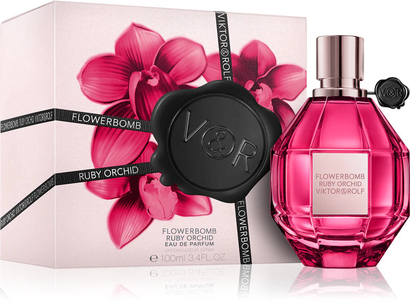 Viktor & Rolf Flowerbomb Ruby Orchid EDP парфюмна вода за жени, бутилка с цветен дизайн и златисти акценти