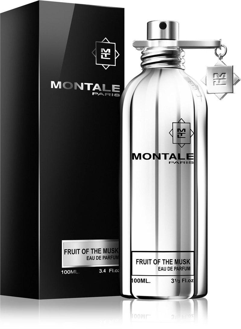 Парфюмна вода Montale Fruits of the Musk, унисекс EDP с плодови и мускусни нотки, изображение на бутилка и ароматни съставки.