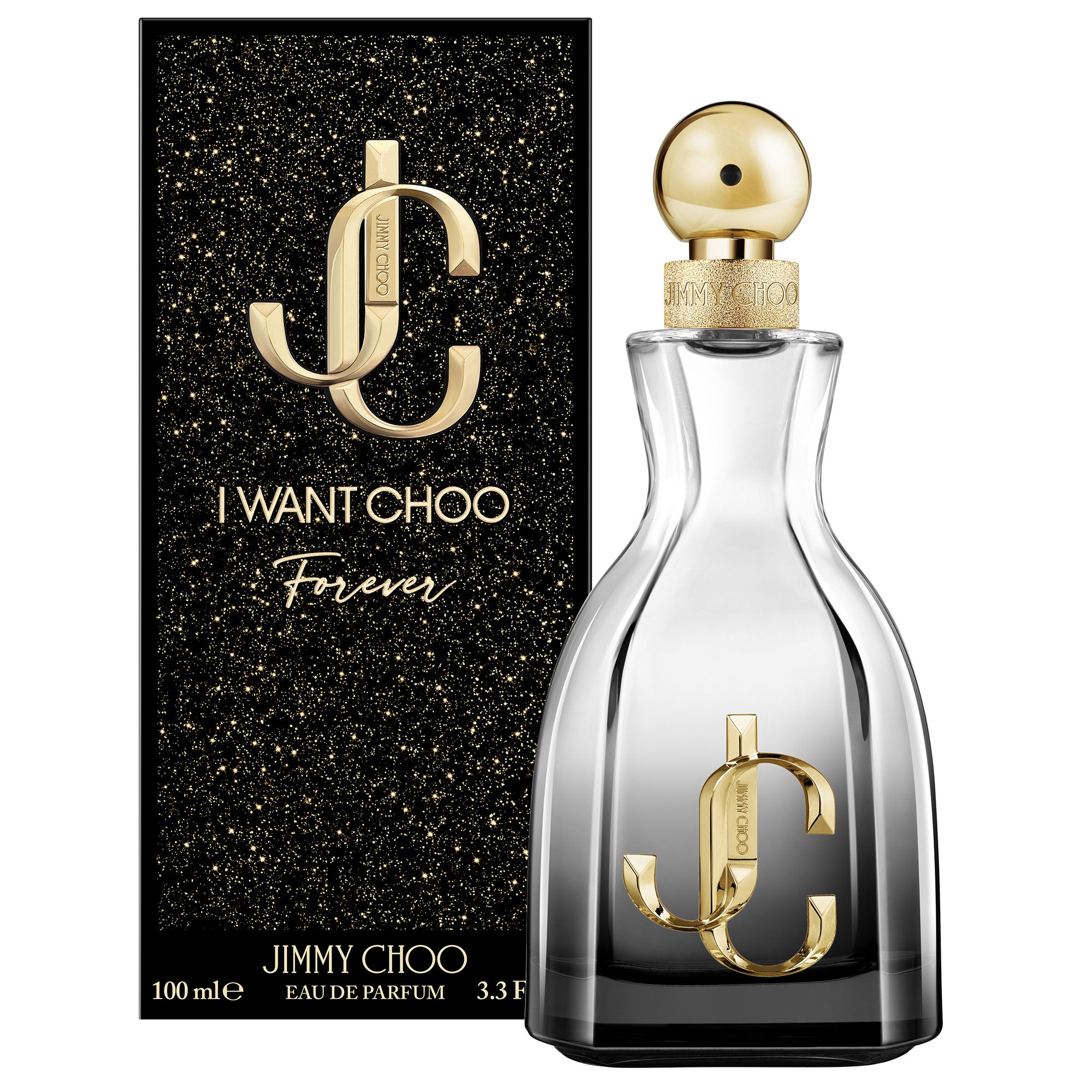 Женски парфюм Jimmy Choo I Want Choo Forever EDP, бутилка с елегантен дизайн, върху бял фон.