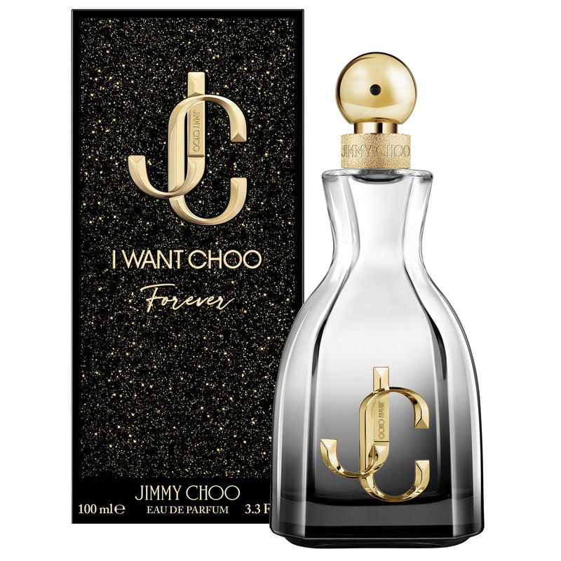 Женски парфюм Jimmy Choo I Want Choo Forever EDP, бутилка с елегантен дизайн, върху бял фон.