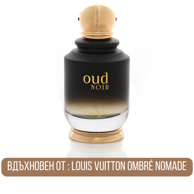Парфюмна вода Khadlaj Oud Noir EDP за мъже, елегантна бутилка с тъмни нюанси и ароматна капка.
