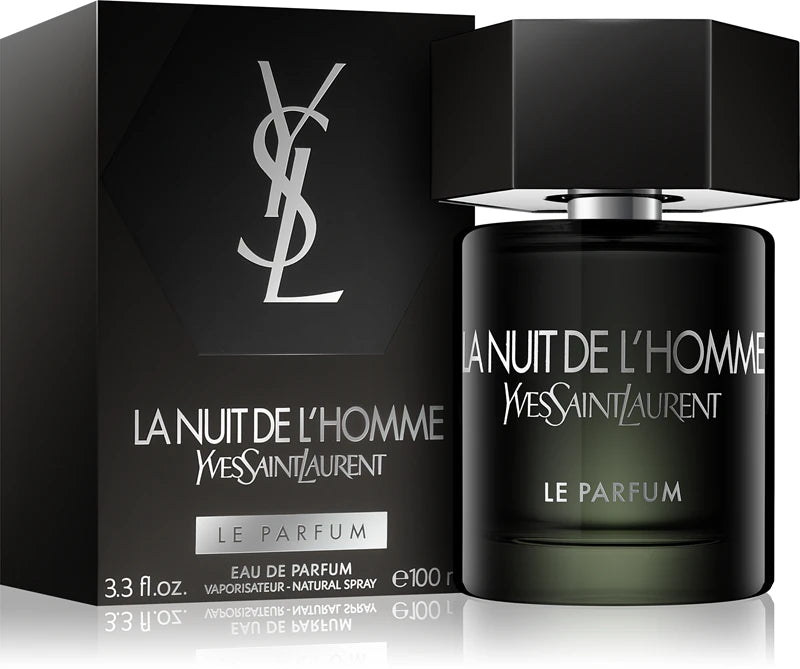 Елегантен мъжки парфюм Saint Laurent La Nuit de L’Homme Le Parfum EDP, бутилка с изискан дизайн и тъмни нюанси.